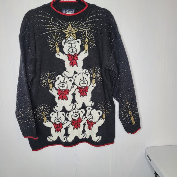 Vintage JJ Browne Christmas Holiday Black Gold Sweater Teddy Bears Size Large - Picture 6 of 13